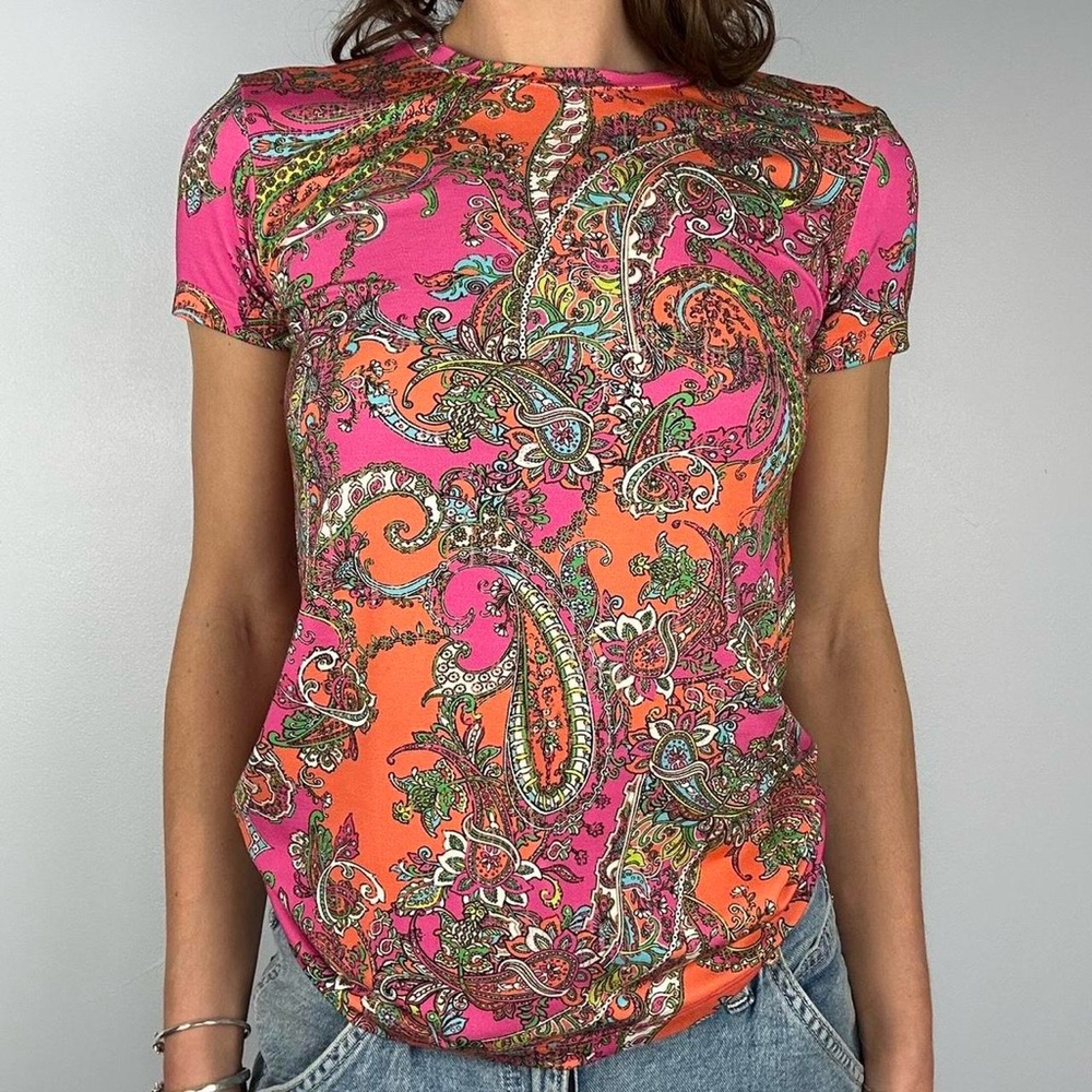 L'Agence pink multicoloured paisley print cap sleeve tee